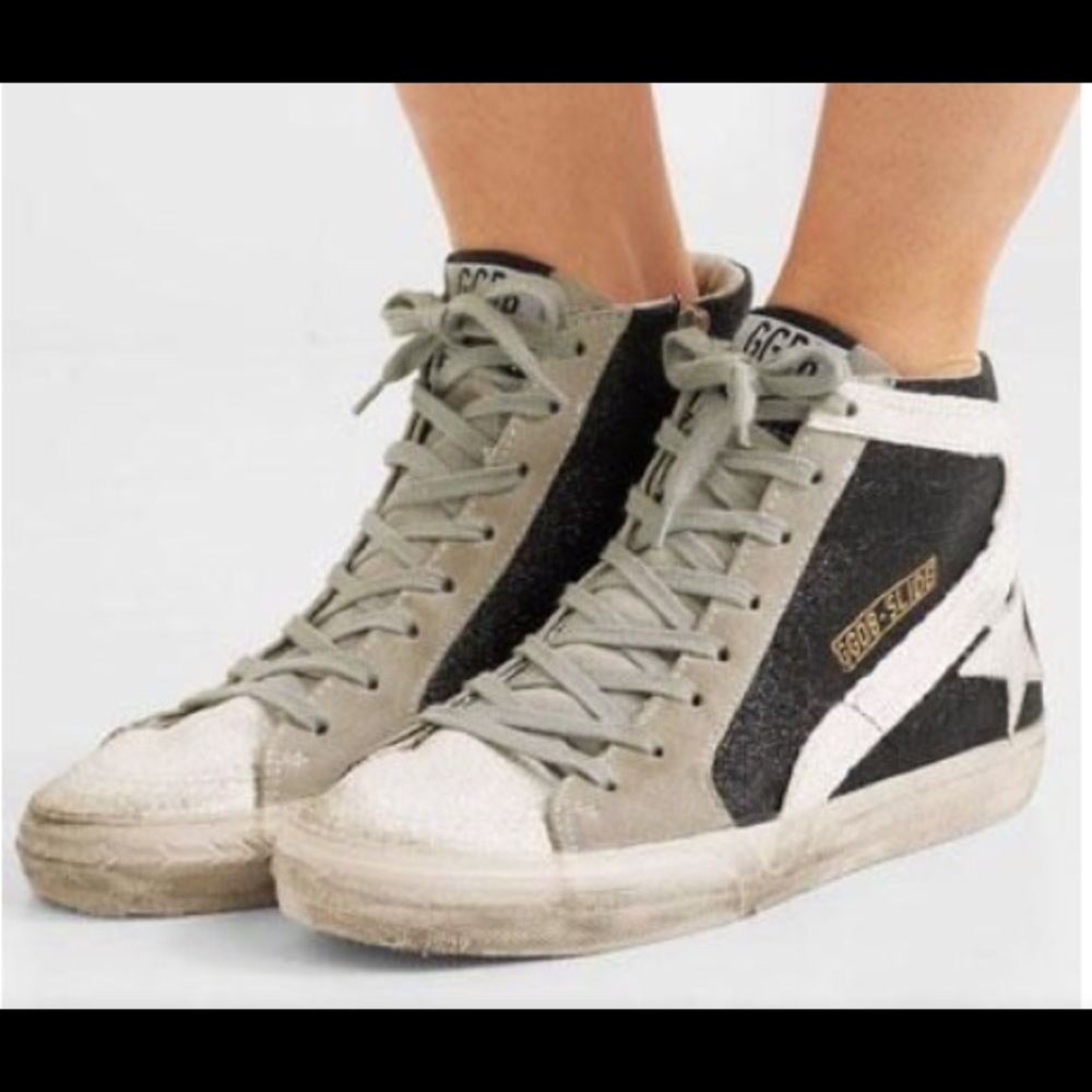 Golden Goose Slide Sneaker Black White Shimmer NIB - Picture 3 of 13